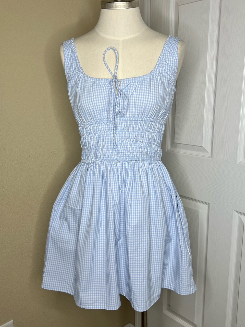 SIM & SAM Light Blue Gingham Smocked Mini Dress